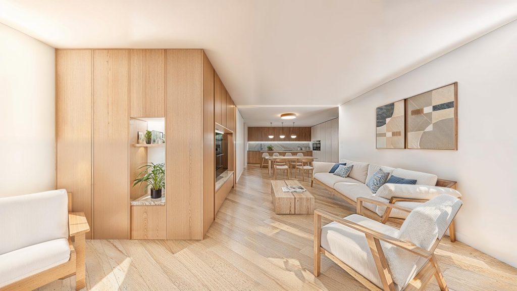 Interior de vivienda en Residencial Trasluz con distribución ordenada y acabados en madera · Arquitectura Nítida